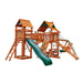 Gorilla Playsets Pioneer Peak Swing Set Standard Wood Roof Corner View With Kids