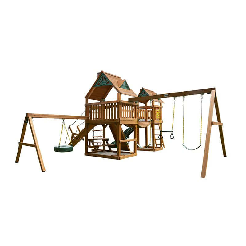 Gorilla Playsets Pioneer Peak Swing Set Standard Wood Roof Front Left Side View