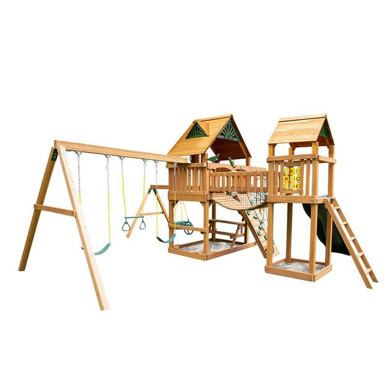 Gorilla Playsets Pioneer Peak Swing Set Standard Wood Roof Front Right Side View