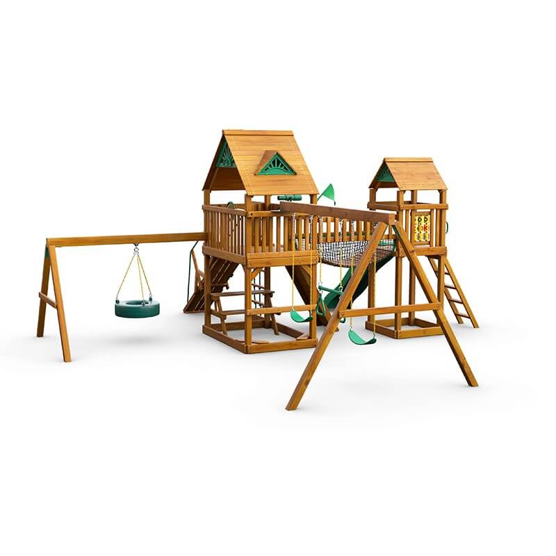 Gorilla Playsets Pioneer Peak Swing Set Standard Wood Roof Rear Left Side View