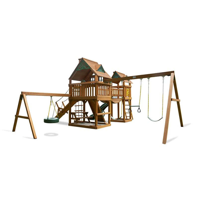 Gorilla Playsets Pioneer Peak Swing Set Treehouse Corner View Facing Left-min