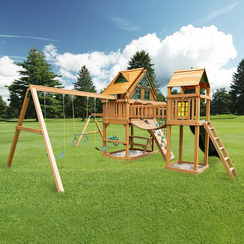 Gorilla Playsets Pioneer Peak Swing Set Treehouse Corner View Facing Right Outdoor-min