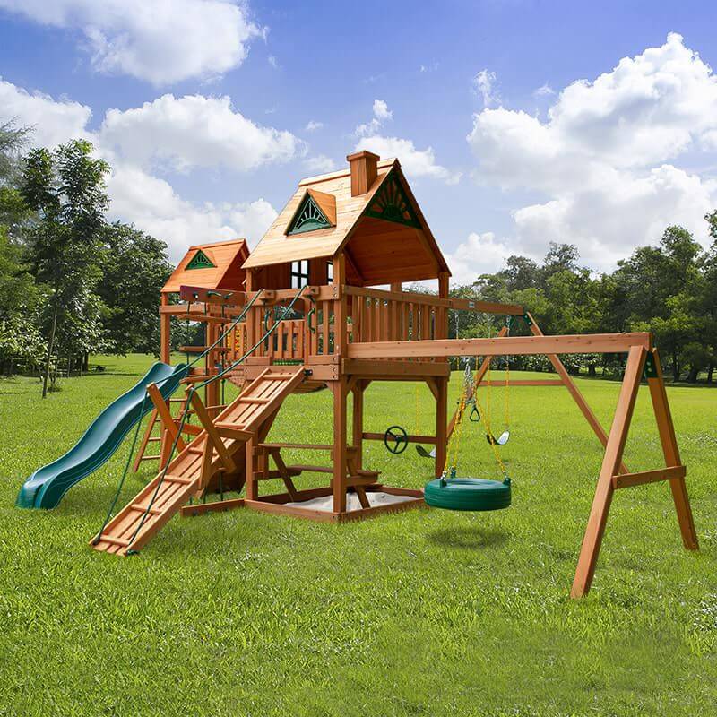 Gorilla Playsets Pioneer Peak Swing Set Treehouse Rear Side View-min