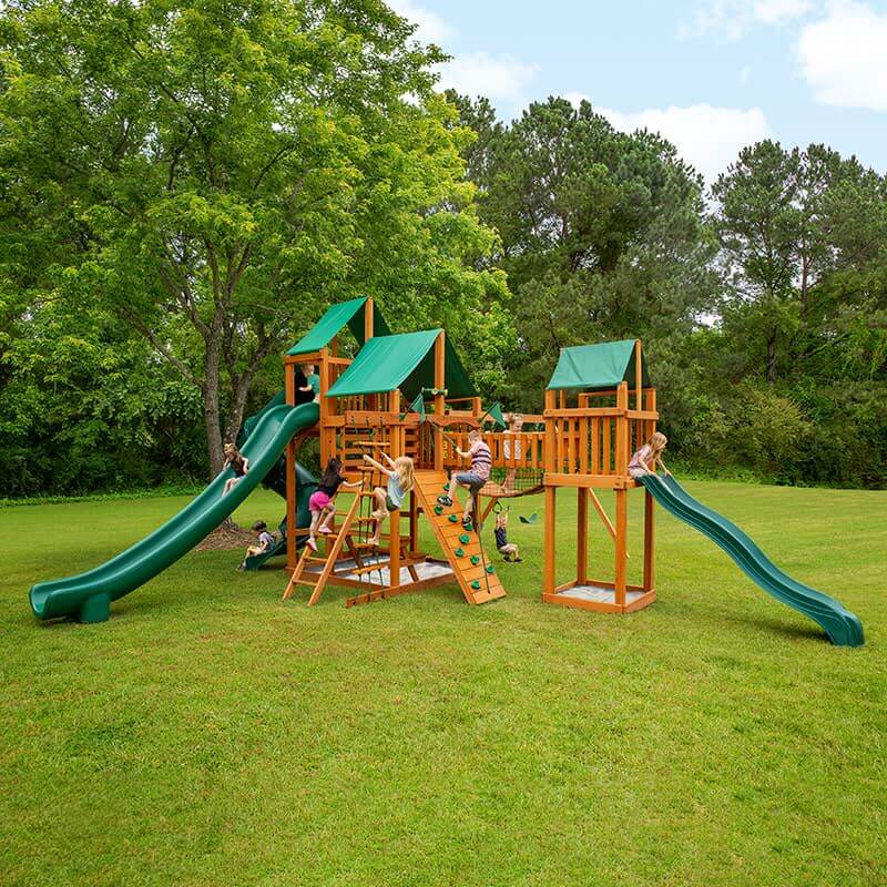 Gorilla Playsets Treasure Trove II Deluxe Green Vinyl Canopy Corner View With Kids Outdoor