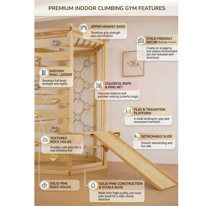 Hawthorn Indoor Playground | 93" Montessori Climbing Gym with Slide & Rope Net