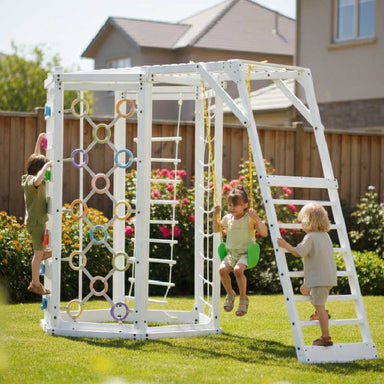 Hawthorn XL | Octagon Outdoor Jungle Gym - White with kids in a yard