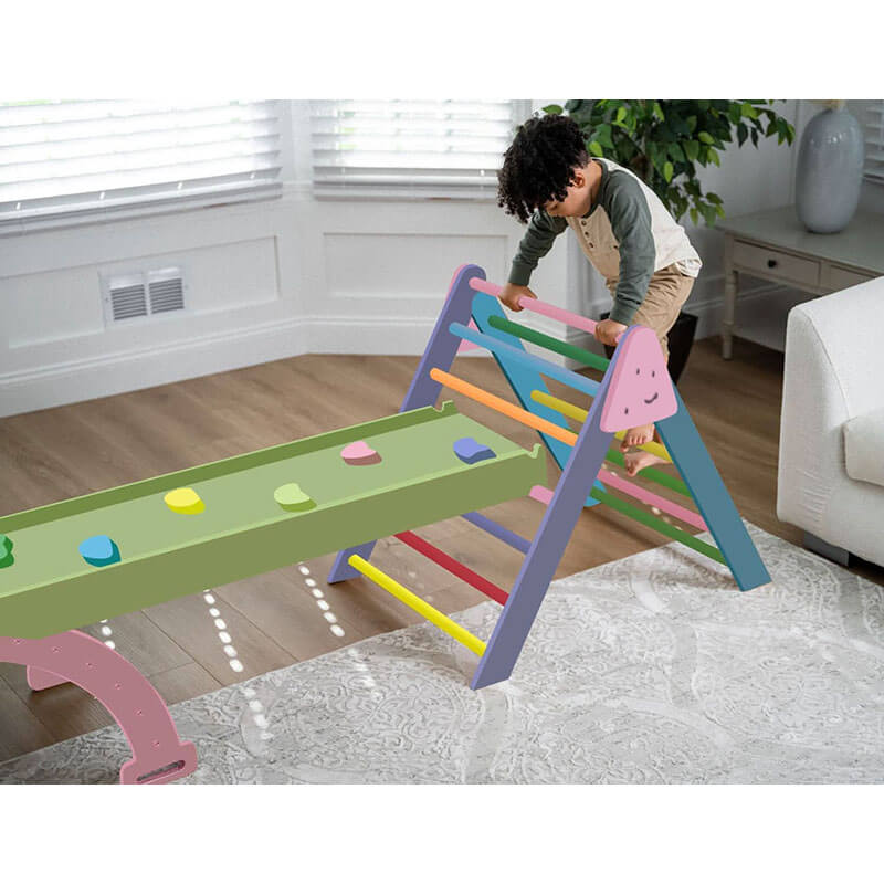 Hazel Pikler Triangle Slide Rocker Set Colored Bars and Rocker Boy Playing