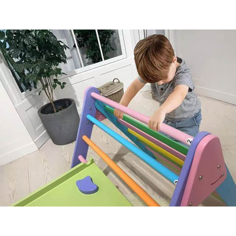 Hazel Pikler Triangle Slide Rocker Set Natural Colored Bars and Rocker Child Climbing