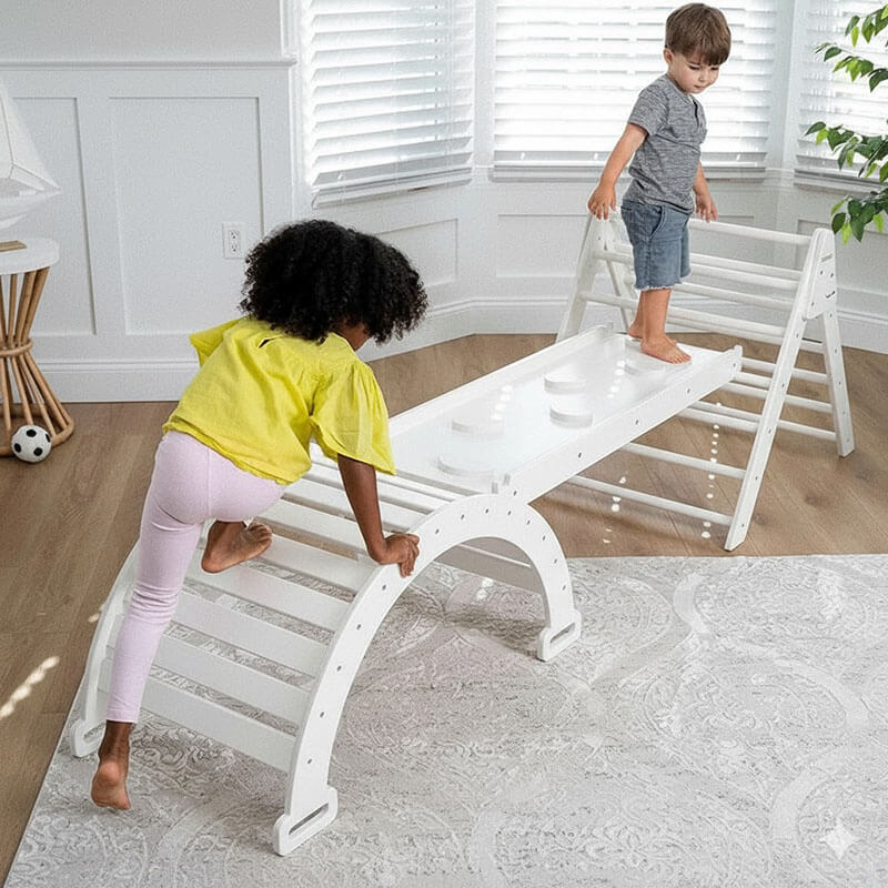 Hazel Pikler Triangle Slide Rocker Set White Kids Playing