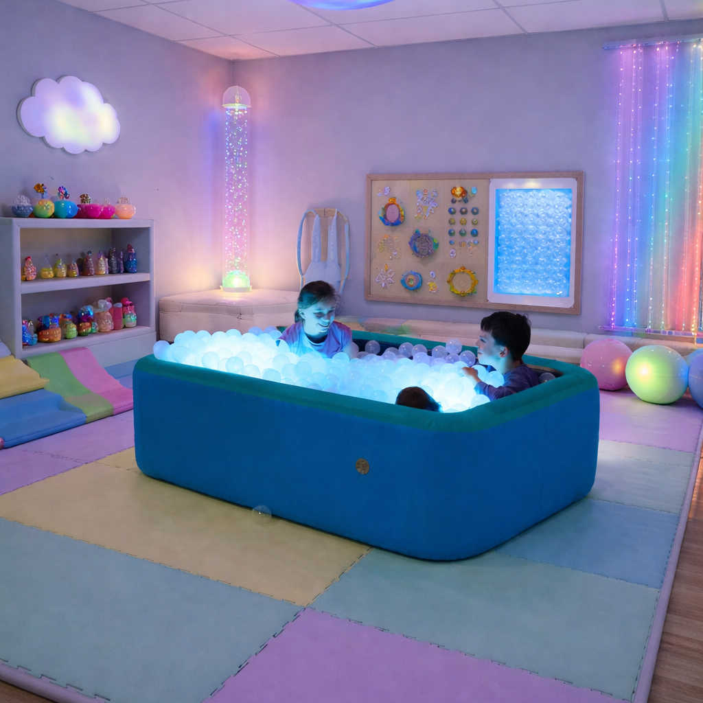 illuminated inflatable ball pool in a playroom