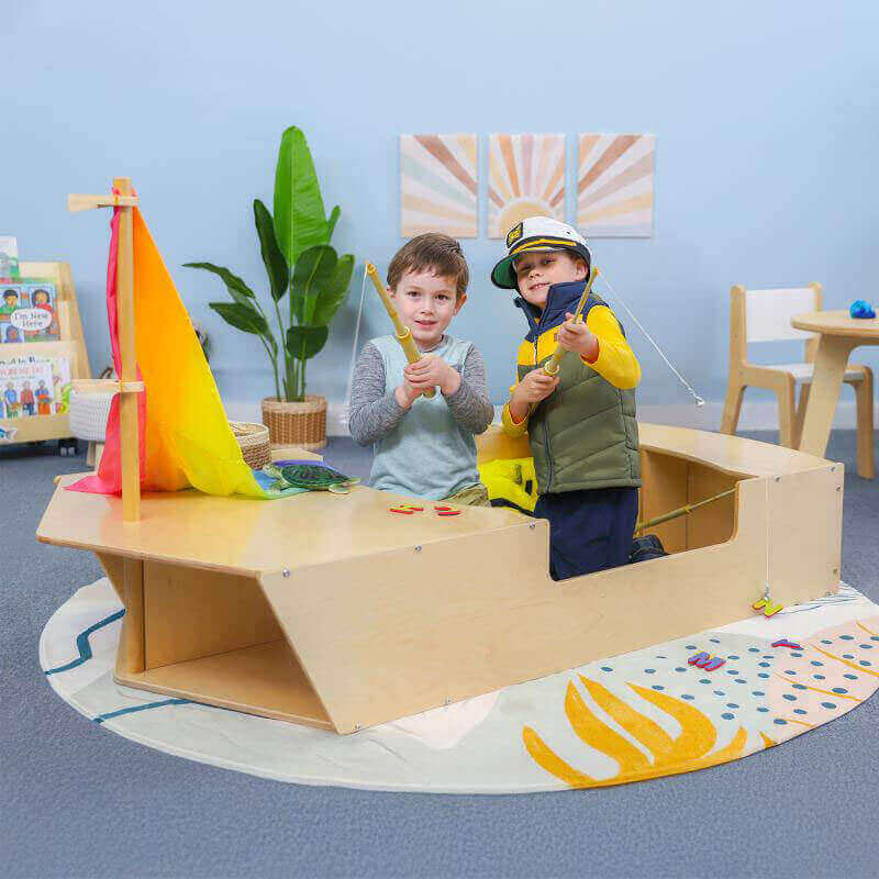 pretend play boat with kids playing in it