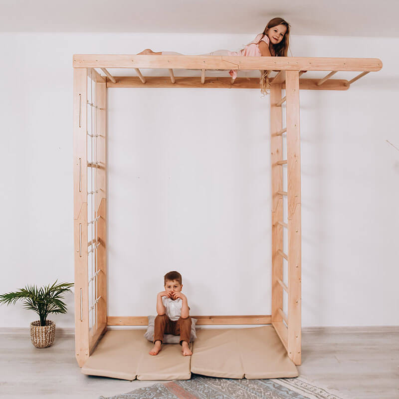 Indoor Monkey Bars Natural Wood Boy and Girl Playing