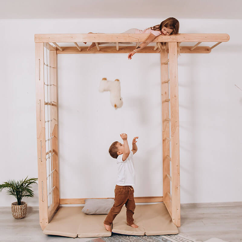 Indoor Monkey Bars Natural Wood Kids Playing