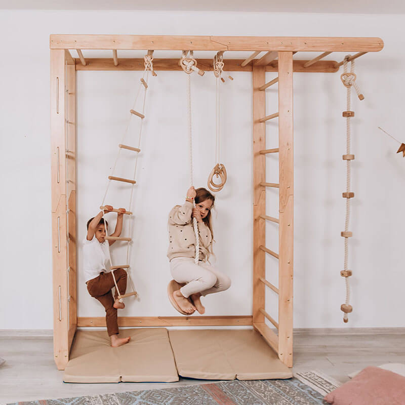 Indoor Monkey Bars Natural Wood Little Kids Playing