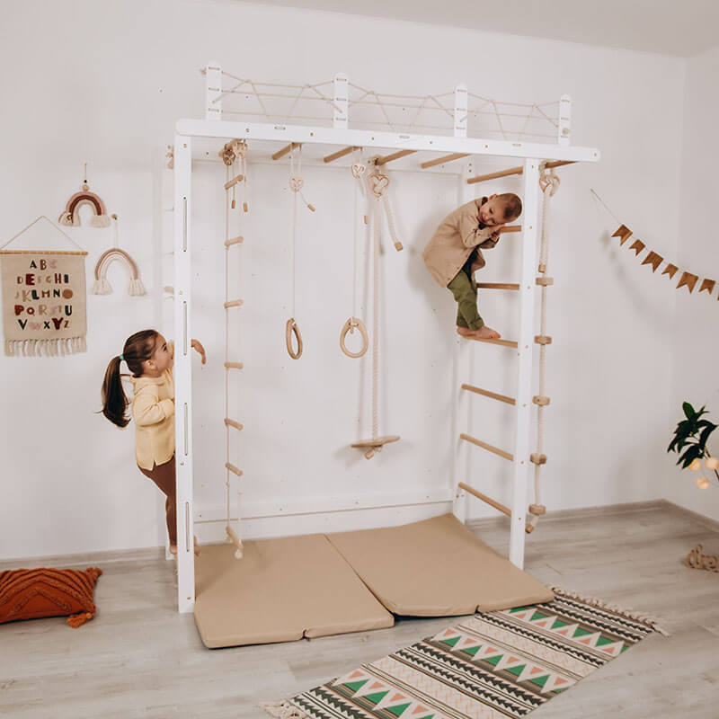 Indoor Monkey Bars White Swedish Ladder Bridge Full Set Kids Playing