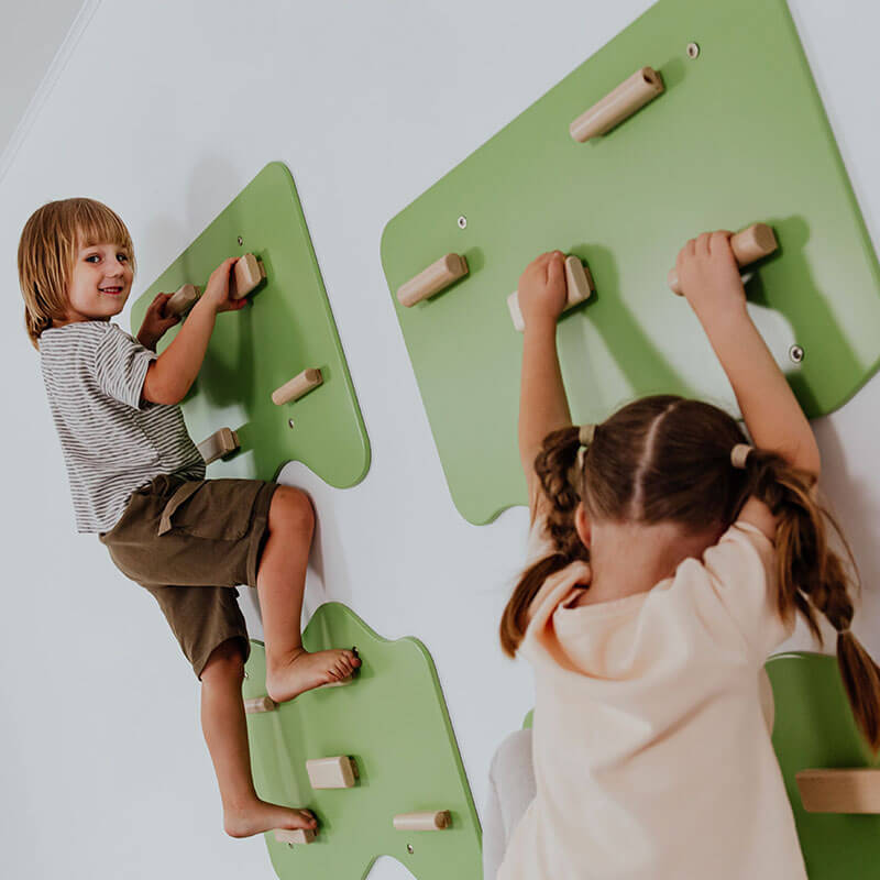 Indoor Rock Climbing Wall for Home With Cloud Shaped Panels Wooden Climbing Holds for Kids 3 10 Pistachio Set of 3 Close Up Kids