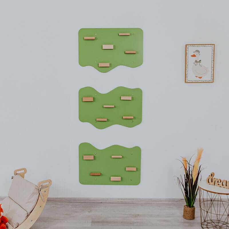 Indoor Rock Climbing Wall for HomeWith Cloud Shaped Panels Wooden Climbing Holds for Kids 3 10 Pistachio Set of 3 Front View