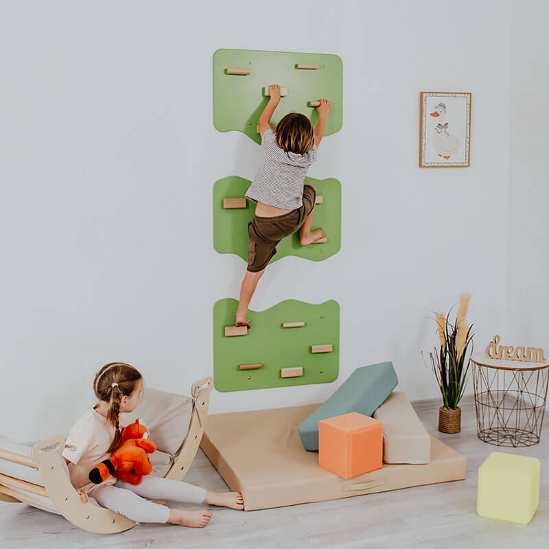 Indoor Rock Climbing Wall for Home With Cloud Shaped Panels Wooden Climbing Holds for Kids 3 10 Pistachio Set of 3 Kids
