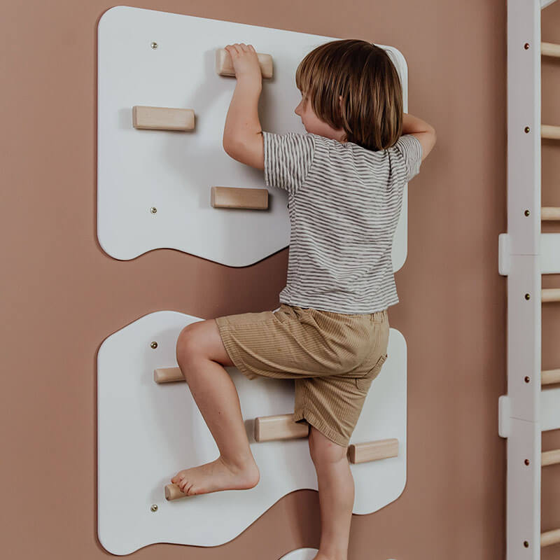 Indoor Rock Climbing Wall for Home With Cloud Shaped Panels Wooden Climbing Holds for Kids 3 10 Snow White Set of 3 Side View Boy