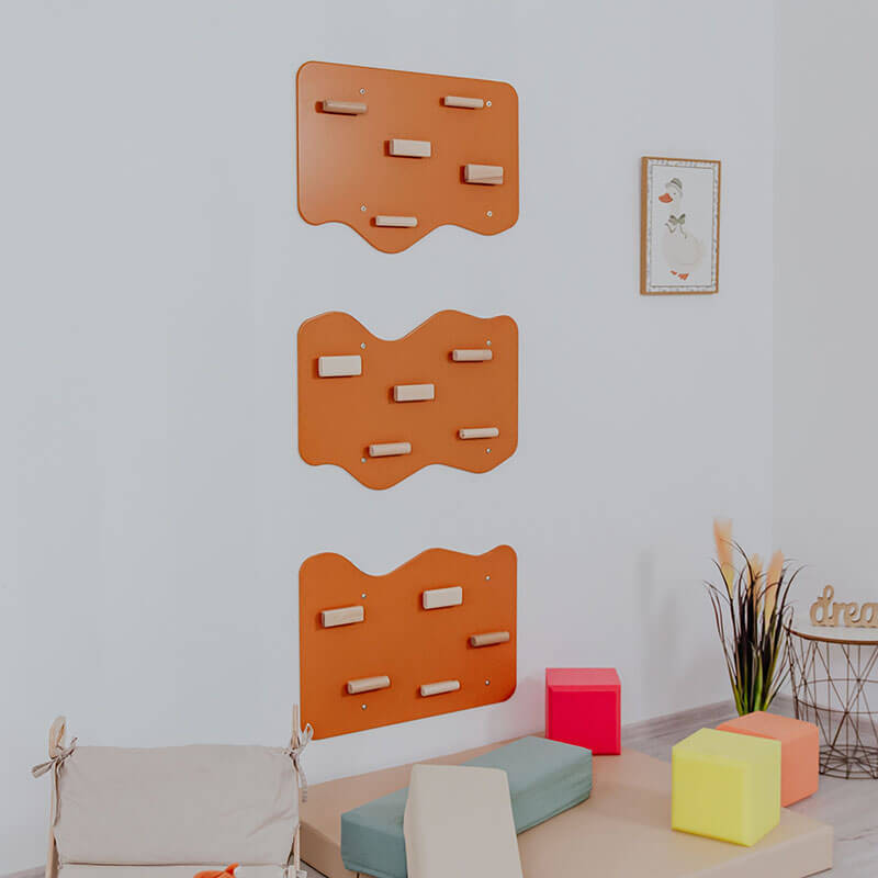 Indoor Rock Climbing Wall for Home With Cloud Shaped Panels Wooden Climbing Holds for Kids 3 10 Terracotta Set of 3 Side View