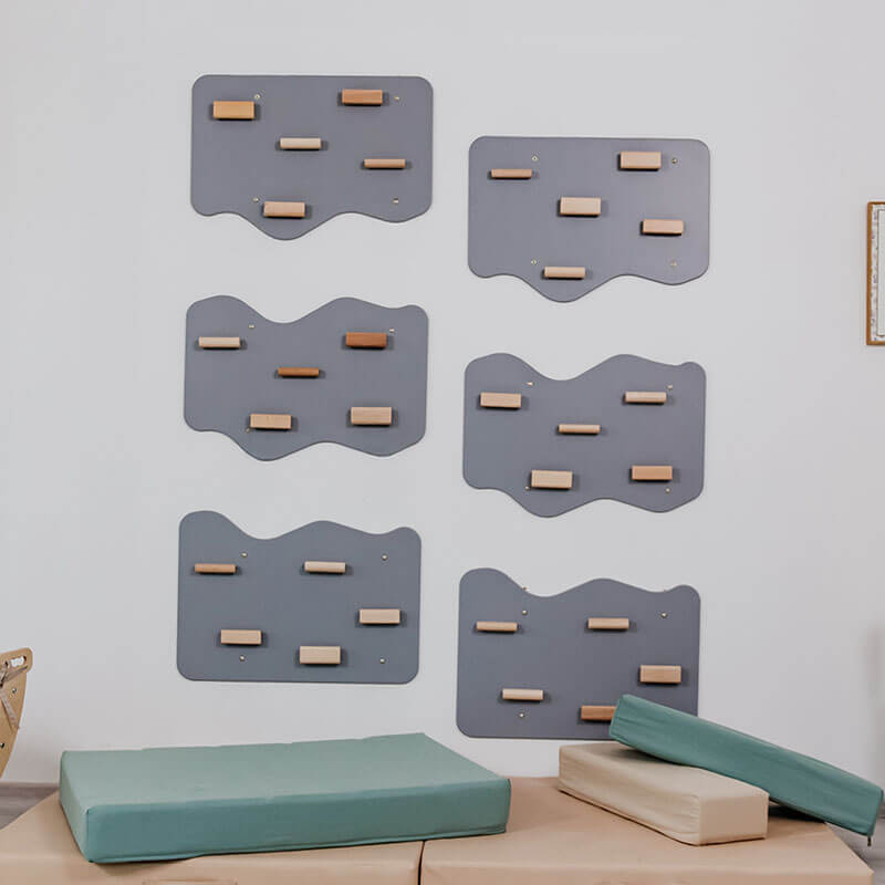 Indoor Rock Climbing Wall for Home With Cloud Shaped Panels Wooden Climbing Holds for Kids 3 10 Tone Gray Set of 6 Full View