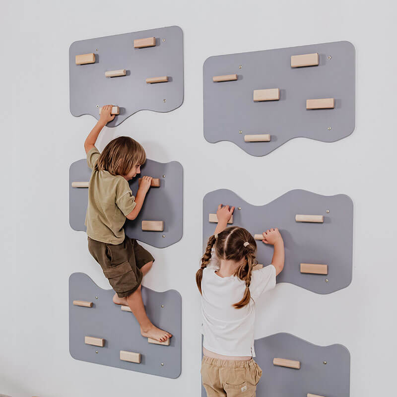 Indoor Rock Climbing Wall for Home With Cloud Shaped Panels Wooden Climbing Holds for Kids 3 10 Tone Gray Set of 6 Side View