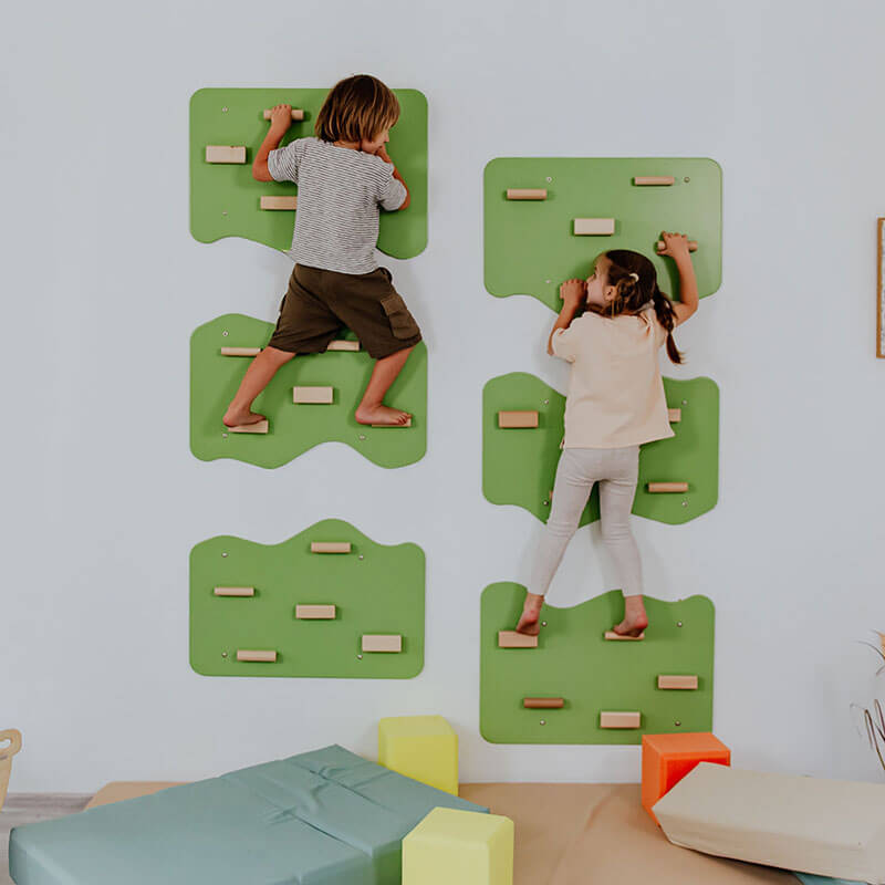 Indoor Rock Climbing Wall for Home With Cloud Shaped Panels Wooden Climbing Holds for Kids 6 10 Pistachio Set of 3 Front View Kids