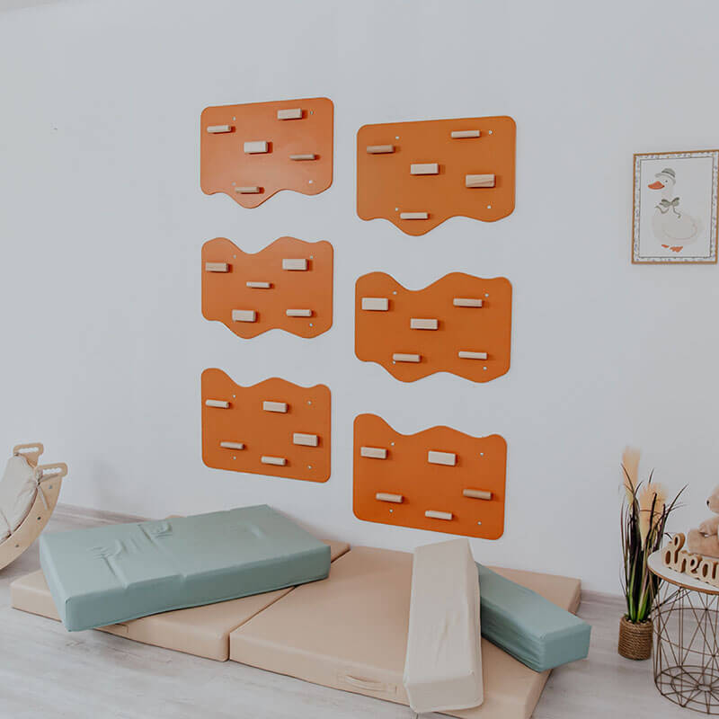 Indoor Rock Climbing Wall for Home With Cloud Shaped Panels Wooden Climbing Holds for Kids 6 10 Terracotta Set of 3 Side View