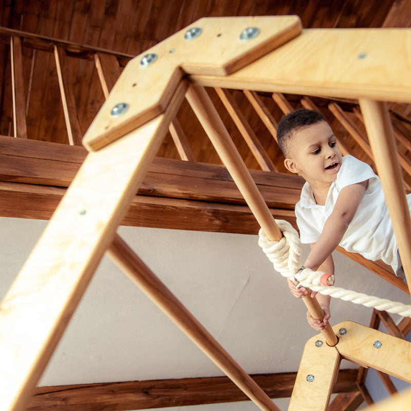 Indoor Wooden Playhouse with Triangle ladder, Slide Board and Swings with a boy playing