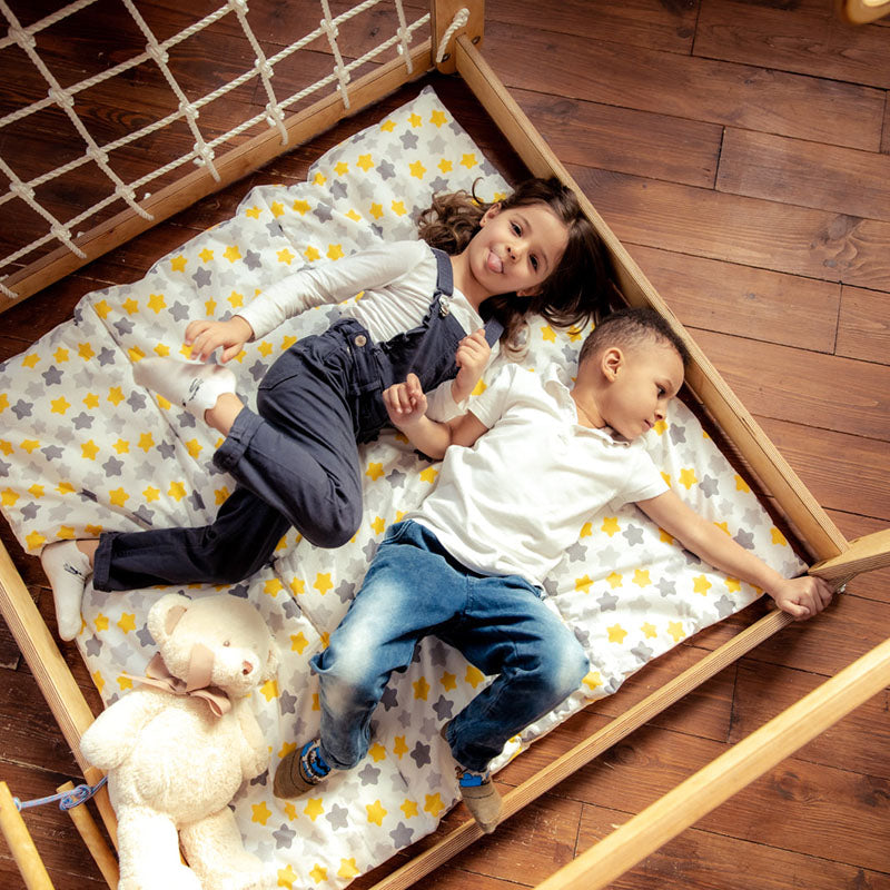 Indoor Wooden Playhouse with Triangle ladder, Slide Board and Swings with kids chillin