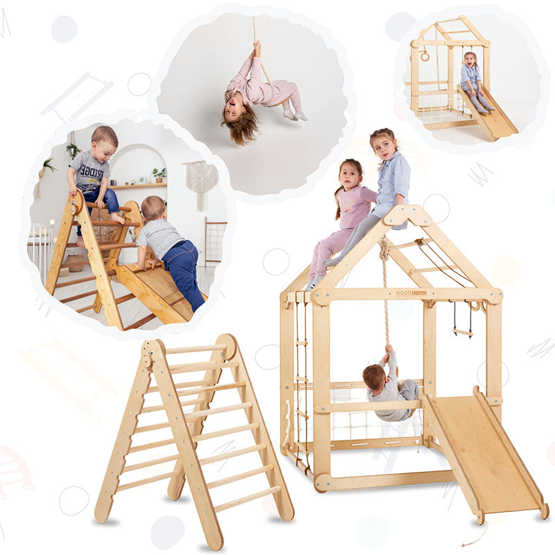Indoor Wooden Playhouse with Triangle ladder, Slide Board and Swings with kids playing features