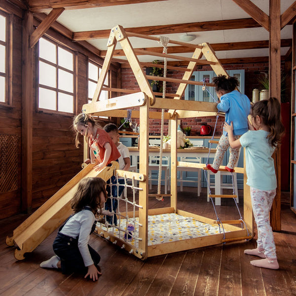 Indoor Wooden Playhouse with Triangle ladder Slide Board and Swings