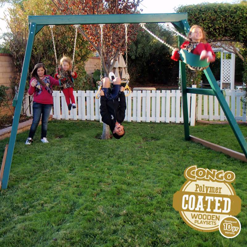 3 Position Swing Set Front View All Green With Kids Playing One Kid Hanging On Trapeze Bar