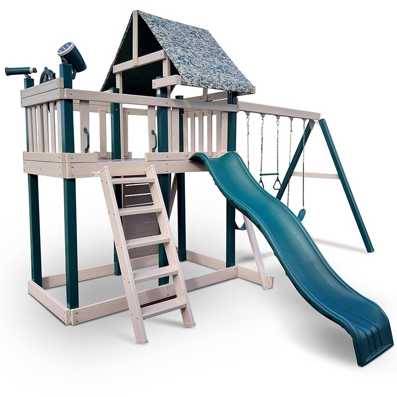 KIdwise Congo Monkey Play System #1 with Swing Beam Green And Sand Camo Tarp Front Right Side View