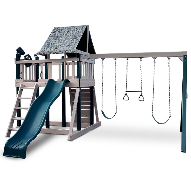 KIdwise Congo Monkey Play System #1 with Swing Beam Green And Sand Camo Tarp Front View