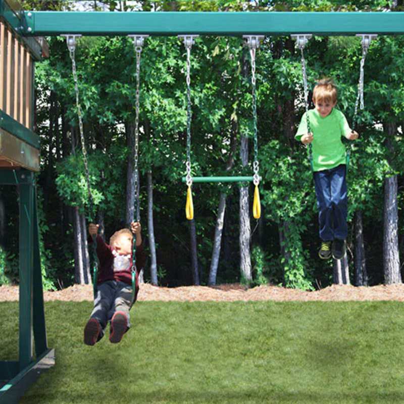 KIdwise Congo Monkey Play System #1 with Swing Beam Green And Sand Front View Kid Swinging Outdoor