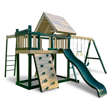 KIdwise Congo Monkey Play System #1 with Swing Beam Green And Sand With Woodroof Front Side View