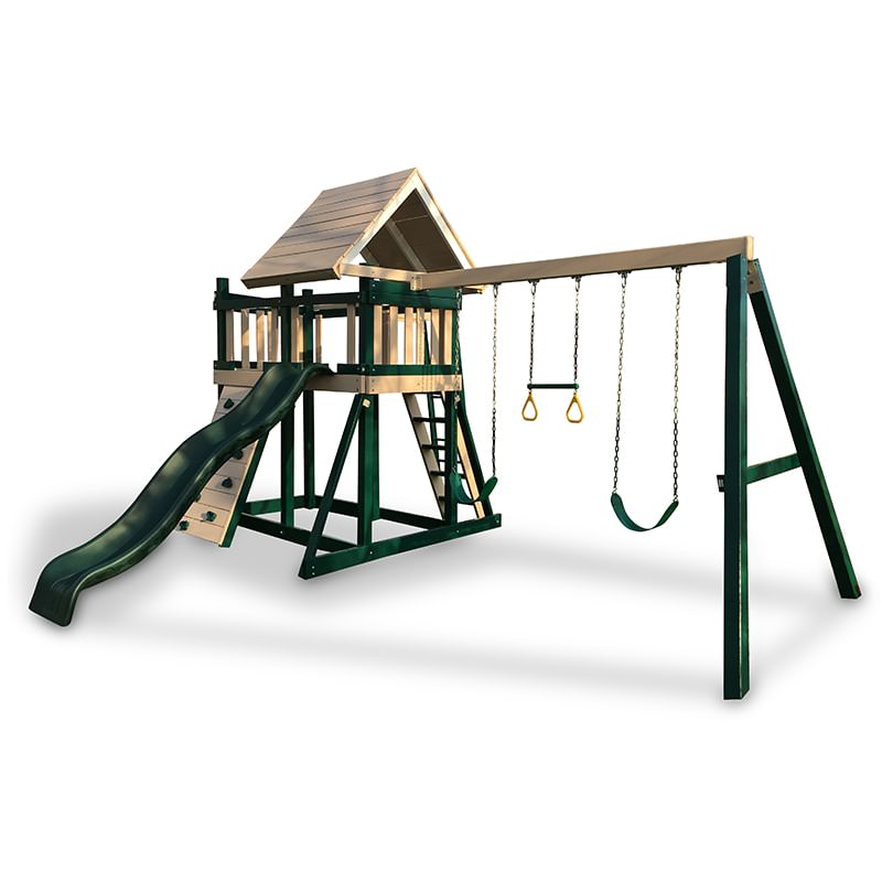 KIdwise Congo Monkey Play System #1 with Swing Beam Green And Sand With Woodroof Front View