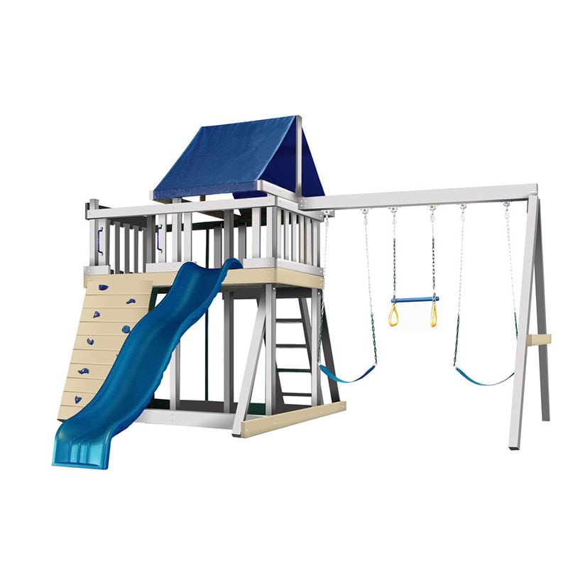 KIdwise Congo Monkey Play System #1 with Swing Beam White And Sand With Blue Accessories Front View