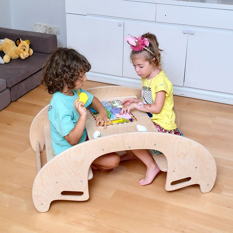 Kidodido 2 In1 Montessori Wooden Seesaw and Table Chair Set Drone Shot 2 Kids Enjoying A Wooden Toys