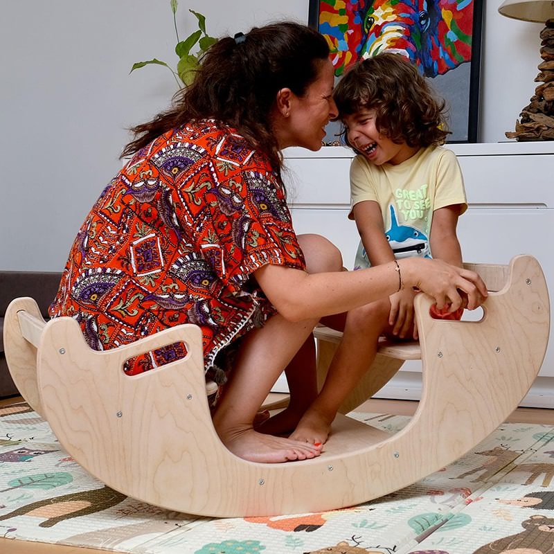 Kidodido 2 In1 Montessori Wooden Seesaw and Table Chair Set Mother And Child Enjoying Playing On The Seesaw