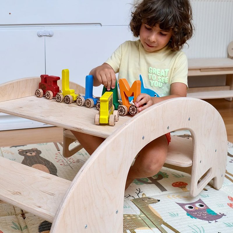 Kidodido 2 In1 Montessori Wooden Seesaw and Table Chair Set Up Close View A Kid Enjoying Wooden Toys