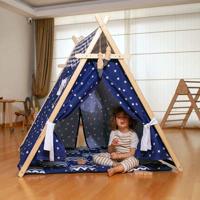 Kidodido Blue Stars Play Tent and Play Mat A Kid Inside The Tent Sitting