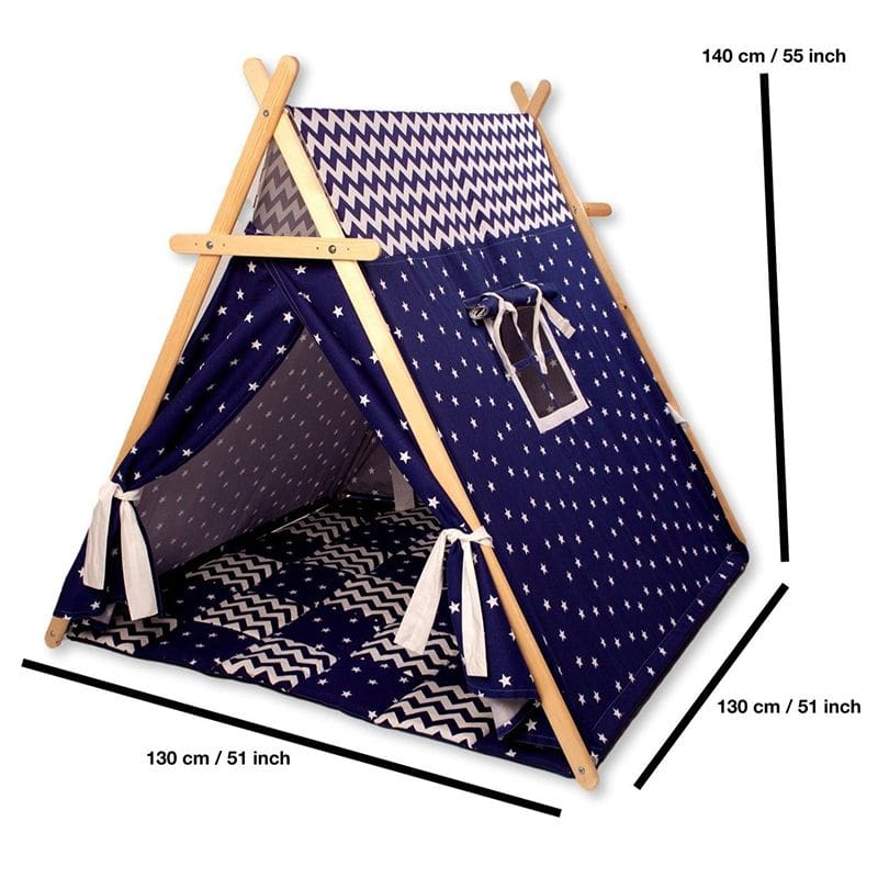 Kidodido Blue Stars Play Tent and Play Mat Corner View With Dimensions