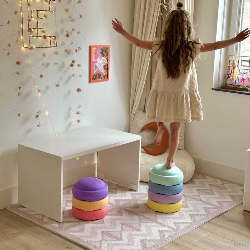 Kilim Play Mat in Soft Clay with girl playing 