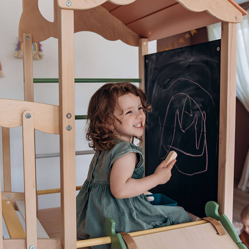 Indoor Climber for Kids Morning Light Chalkboard Panel in Use