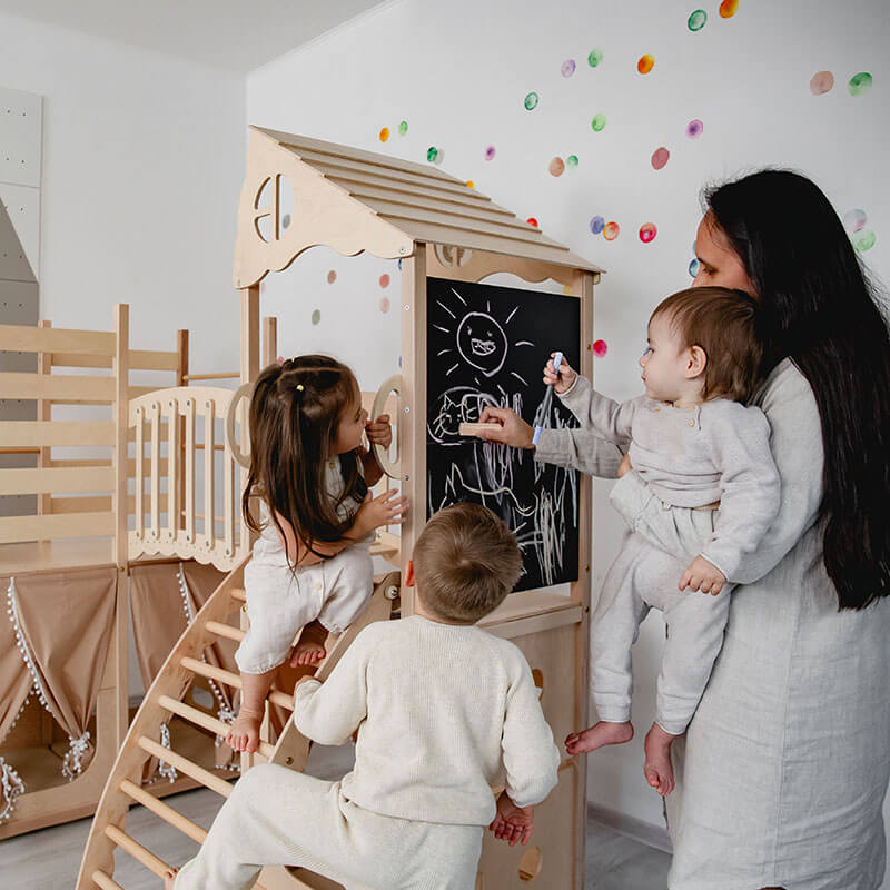 Indoor Climber for Kids Natural Wood Blackboard Panel Mother and Kids