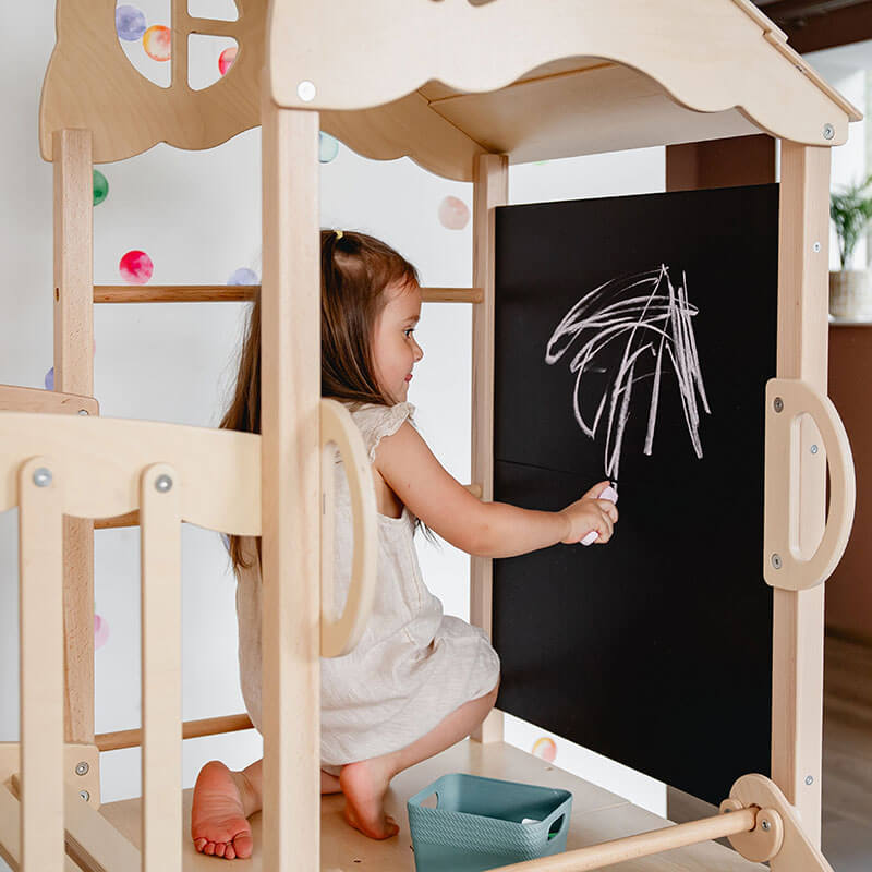 Indoor Climber for Kids Natural Wood Blackboard Panel With Girl