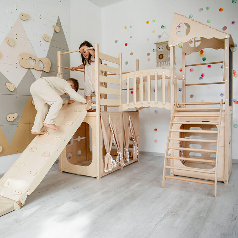 Indoor Climber for Kids Natural Wood Corner View