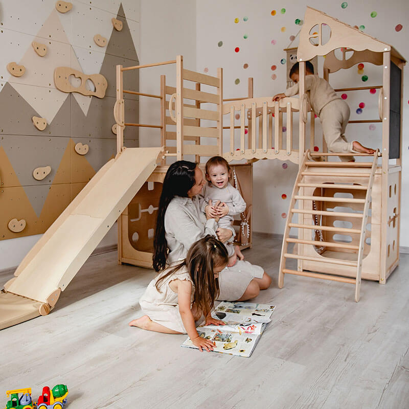 Indoor Climber for Kids Natural Wood Corner View Family